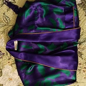 Victoria's Secret Purple Satin Robe with Green Floral Accents and Gold Trim